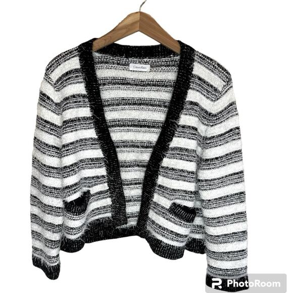 Calvin Klein Cropped Black and White Striped Eyelash Open Front Cardigan Sweater - Picture 1 of 6